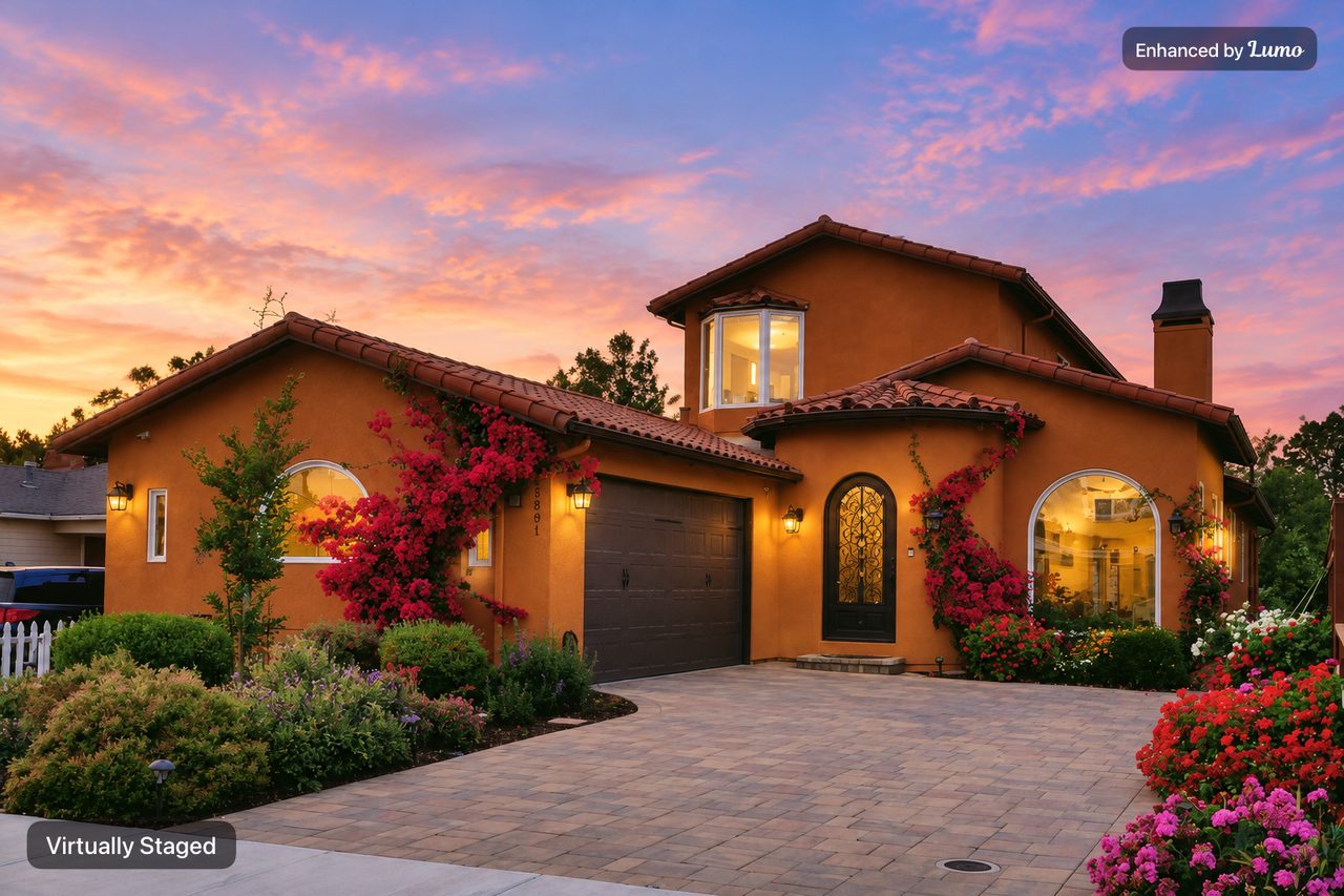 The same home after Lumo with a twilight sky and warm light in the windows, labeled Virtually Staged