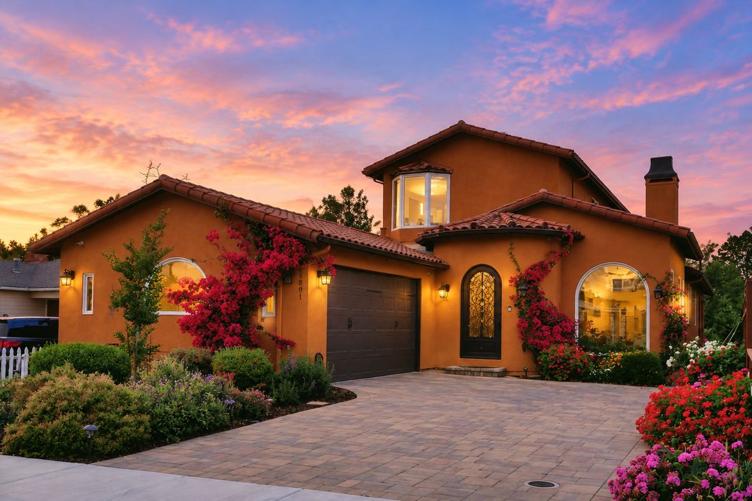 The same home after Lumo, with a twilight sky and warm window light
