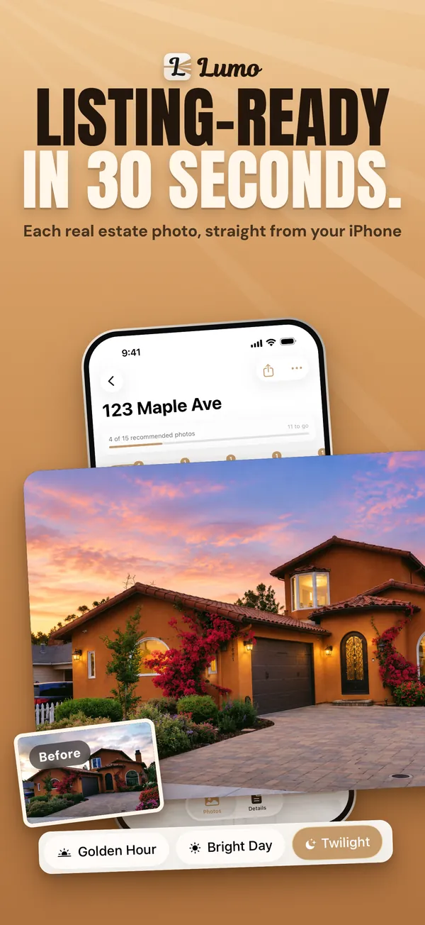 Listing-ready in 30 seconds: a listing in the app with its finished twilight cover photo