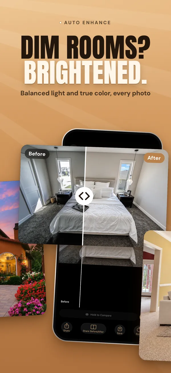 Dim rooms brightened: the photo viewer comparing a bedroom before and after