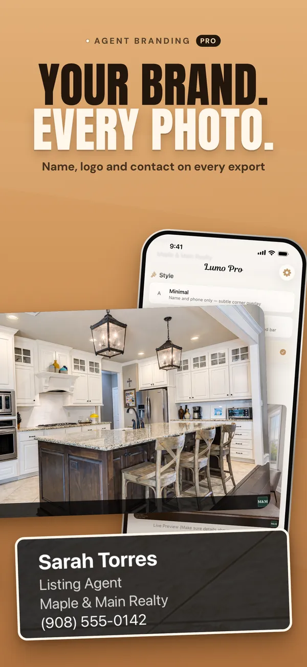 Your brand on every photo: an export with the agent's name, brokerage and phone number