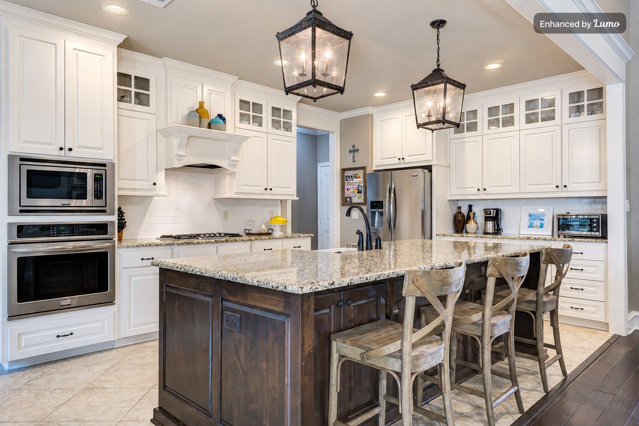 The same kitchen after Lumo: brighter, with clean whites and no blue cast
